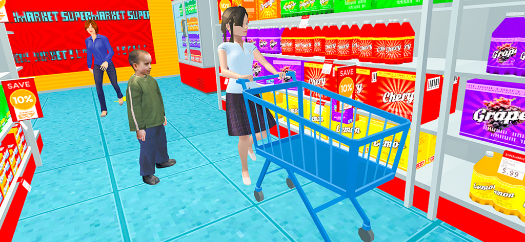 Landlord Mom Supermarket Game - Una mujer empuja un carrito de compras azul en un pasillo de supermercado colorido con un niño cerca en un juego de simulación