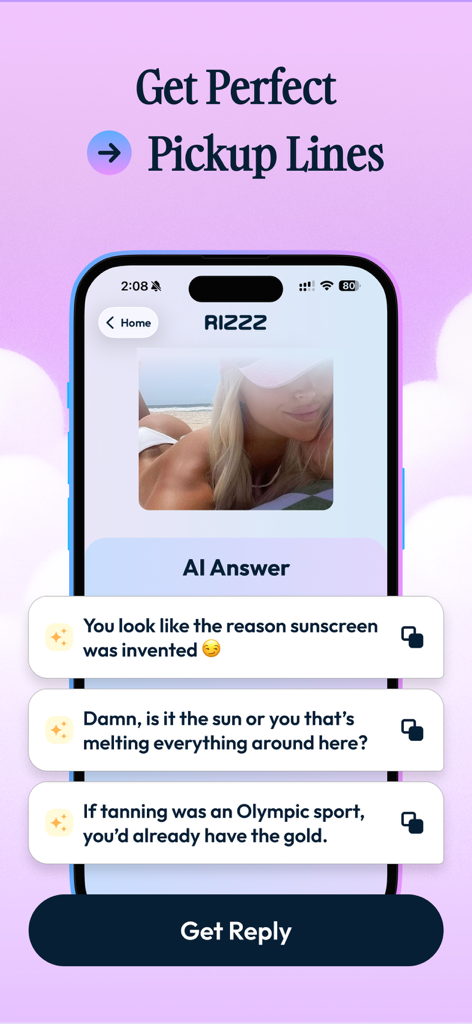 Rizz - #1 AI Dating Assistant - Assistente AI per appuntamenti Rizz che genera battute di rimorchio creative basate su una foto del profilo.