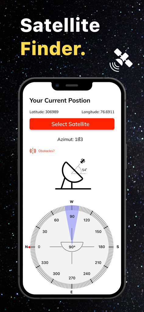Satellite Finder & GPS Tracker - Satellite Finder mobile app interface showing GPS position and dish alignment compass