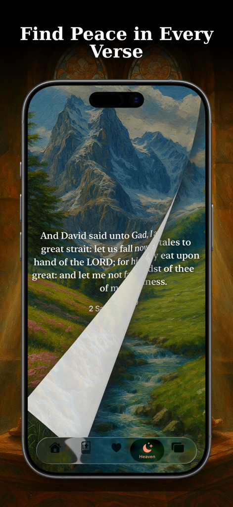 Bible Widget Verse of the Day - A mobile phone displaying a Bible verse over a beautiful mountain landscape illustration with a page turn effect.