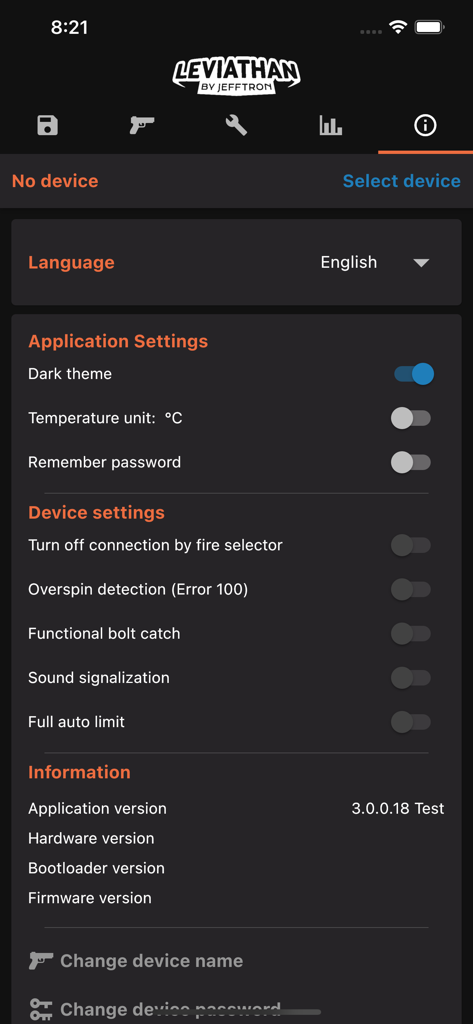 Settings and information screen of the Leviathan by JeffTron airsoft app