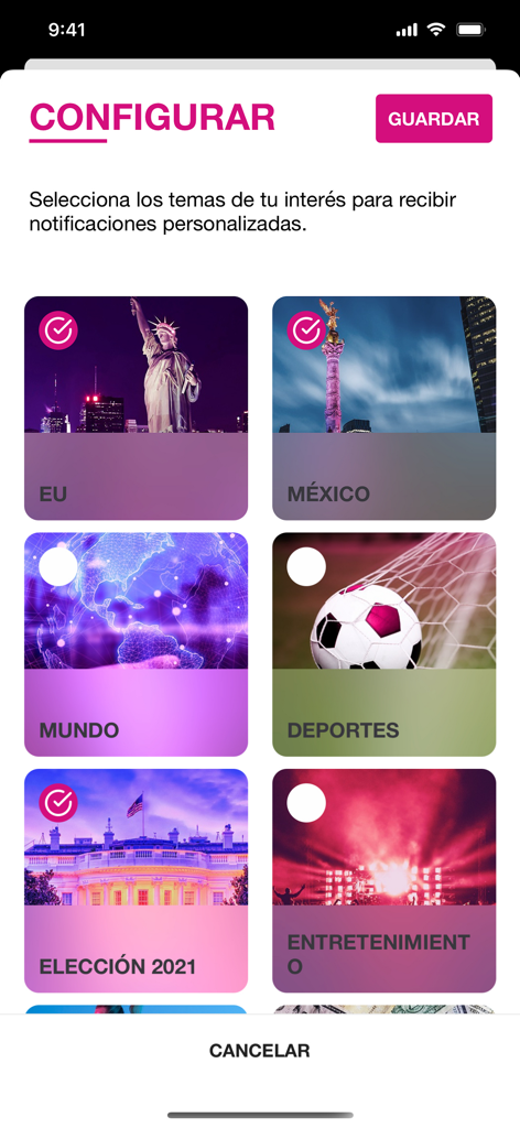 Latinus - Latinus app configuration screen for selecting personalized news notification topics like Mexico US and Sports