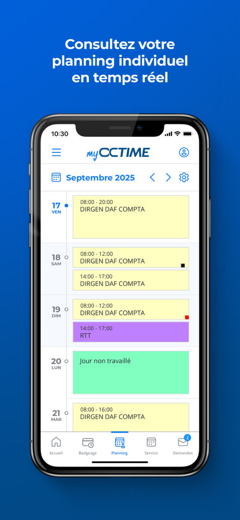 Écran de smartphone affichant l'application myOCTIME avec un emploi du temps hebdomadaire et une planification individuelle