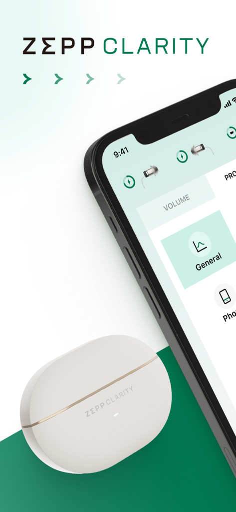 Zepp Clarity - An iPhone screen displaying the Zepp Clarity app interface next to a sleek white hearing aid charging case