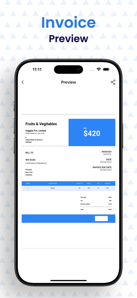 Invoice Maker – Easy Bill PDF - 請求詳細と合計請求額を表示するプロフェッショナルな請求書プレビュー画面