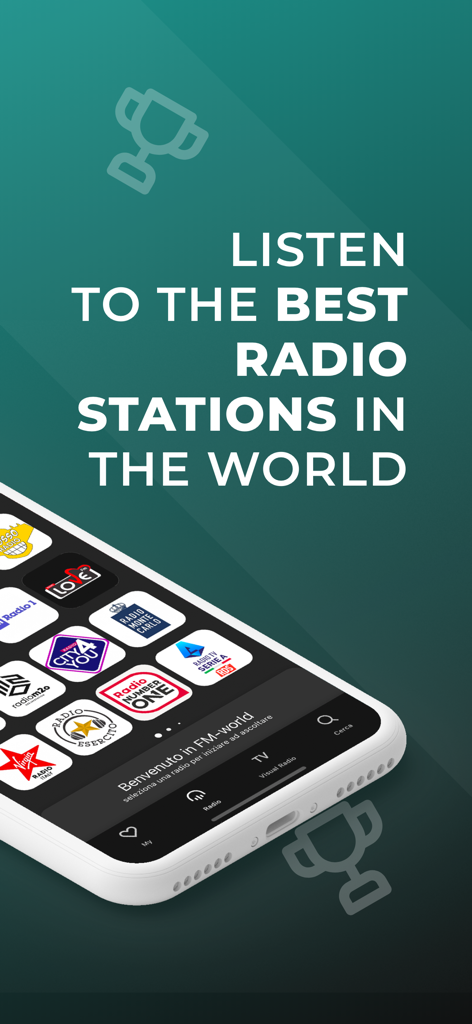 iPhone displaying the FM-world Radio app with various international radio station icons