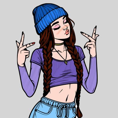 realistic teenage girl with braids and a beanie and crop top doing 🫶🏼