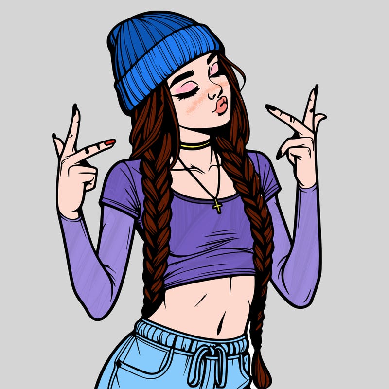 realistic teenage girl with braids and a beanie and crop top doing 🫶🏼