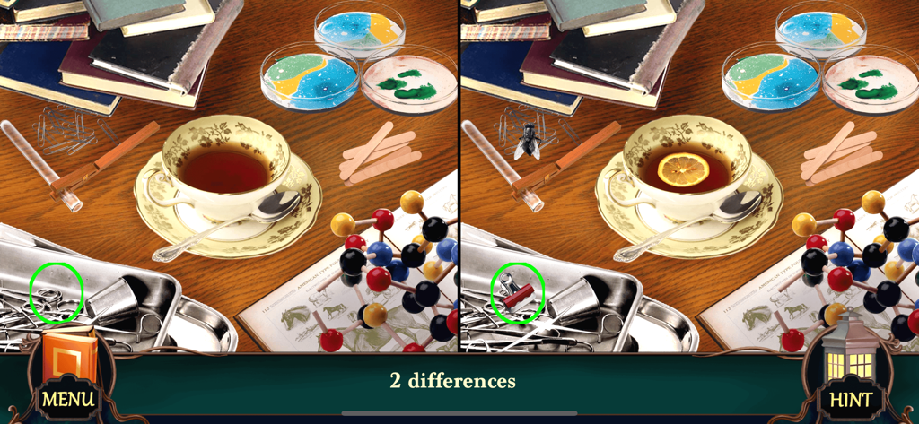 Une scène de puzzle 'trouvez la différence' côte à côte dans Mystery Hotel, représentant un bureau avec du thé et des objets scientifiques.