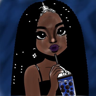 realistic girl holding a boba with braided hair