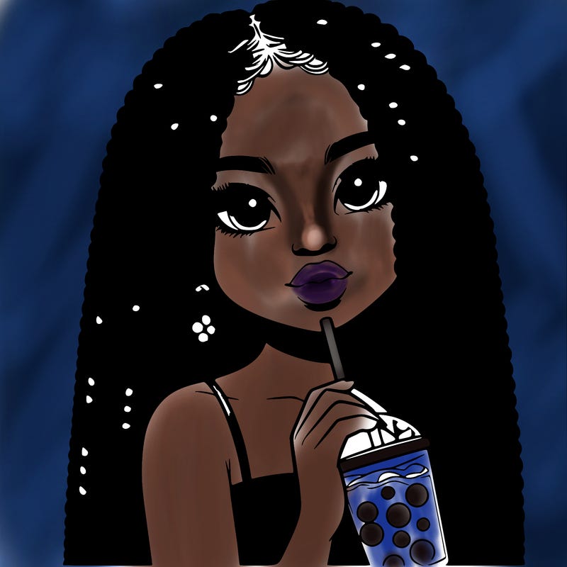 realistic girl holding a boba with braided hair