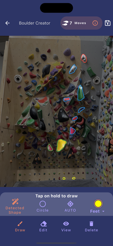 A mobile screen showing the Boulder Creator tool in the Just Climb app to map routes on an indoor climbing wall
