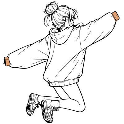 realistic girl jumping with a bun and oversized sweatshirt