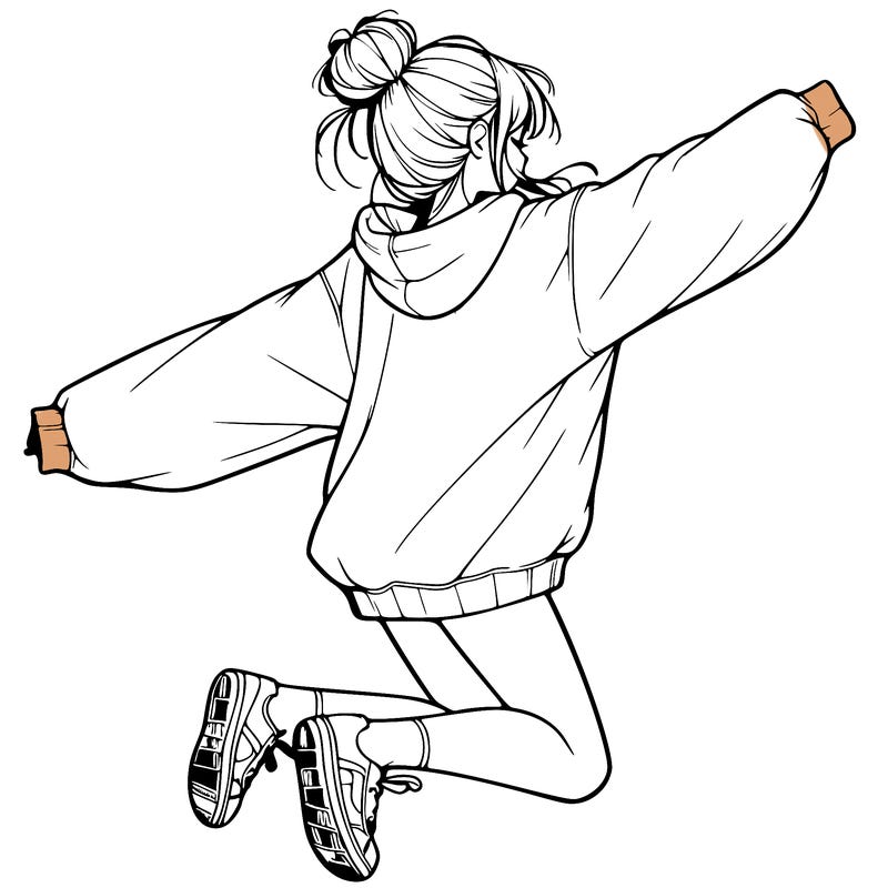realistic girl jumping with a bun and oversized sweatshirt