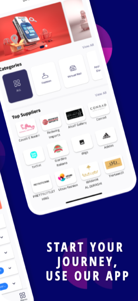 Interface do aplicativo móvel exibindo categorias de compras internacionais e as principais marcas de fornecedores globais com uma chamada para ação para iniciar sua jornada de compras.