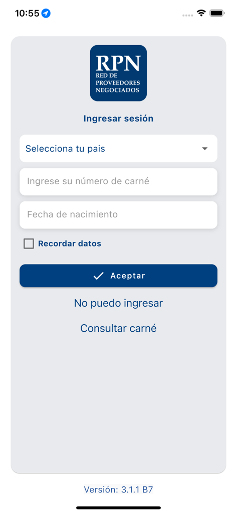 Login screen of the RPN healthcare provider network app featuring fields for country selection and member ID number.