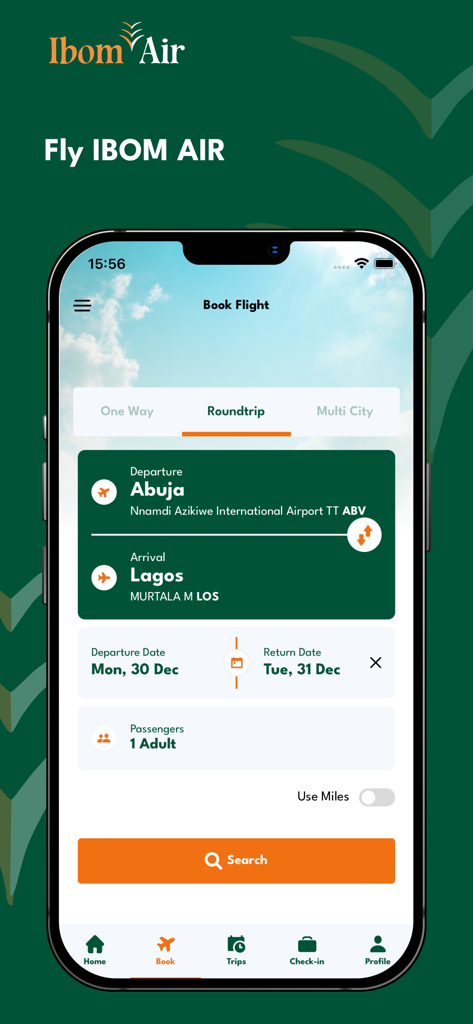 Schermata di prenotazione voli dell'app mobile Ibom Air che mostra una ricerca di andata e ritorno da Abuja a Lagos