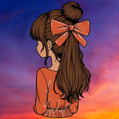 realistic girl  with hip length hair a bun and a big bow on the back of head
