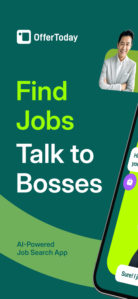 OfferToday app splash screen with the text Find Jobs Talk to Bosses highlighting its AI-powered recruitment platform.