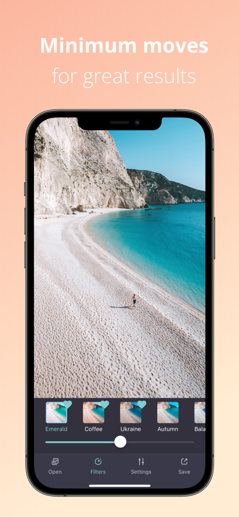 Teo - Teal and Orange Filters - Teo app interface showing cinematic beach photo editing with teal and orange filters