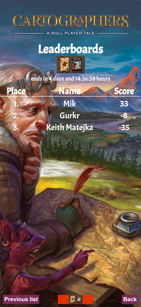 Cartographers - Classement de l'application mobile Cartographers montrant les classements et les scores des joueurs avec des illustrations de personnages fantastiques.