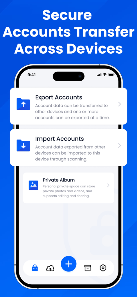 Authenticator-2FA,TOTP,MFA,OTP - アカウントデータのインポートとエクスポート、およびプライベート写真アルバムへのアクセスオプションを示すインターフェース。