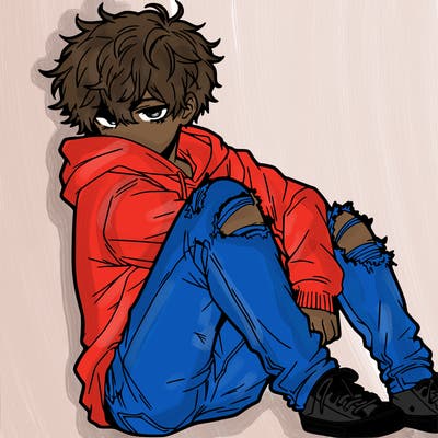 a male hoddie ripped jeans messy hair anime