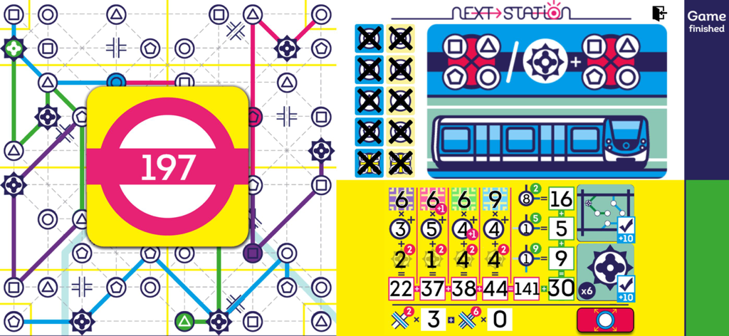 Next Station Paris game finished screen showing a final score of 197 with a completed metro map and detailed points calculation.