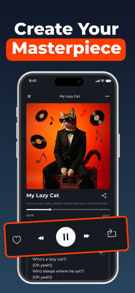 AI Song Generator - Rexa - Mobile app interface of Rexa AI Song Generator playing a custom funk song with lyrics and cat-themed album art