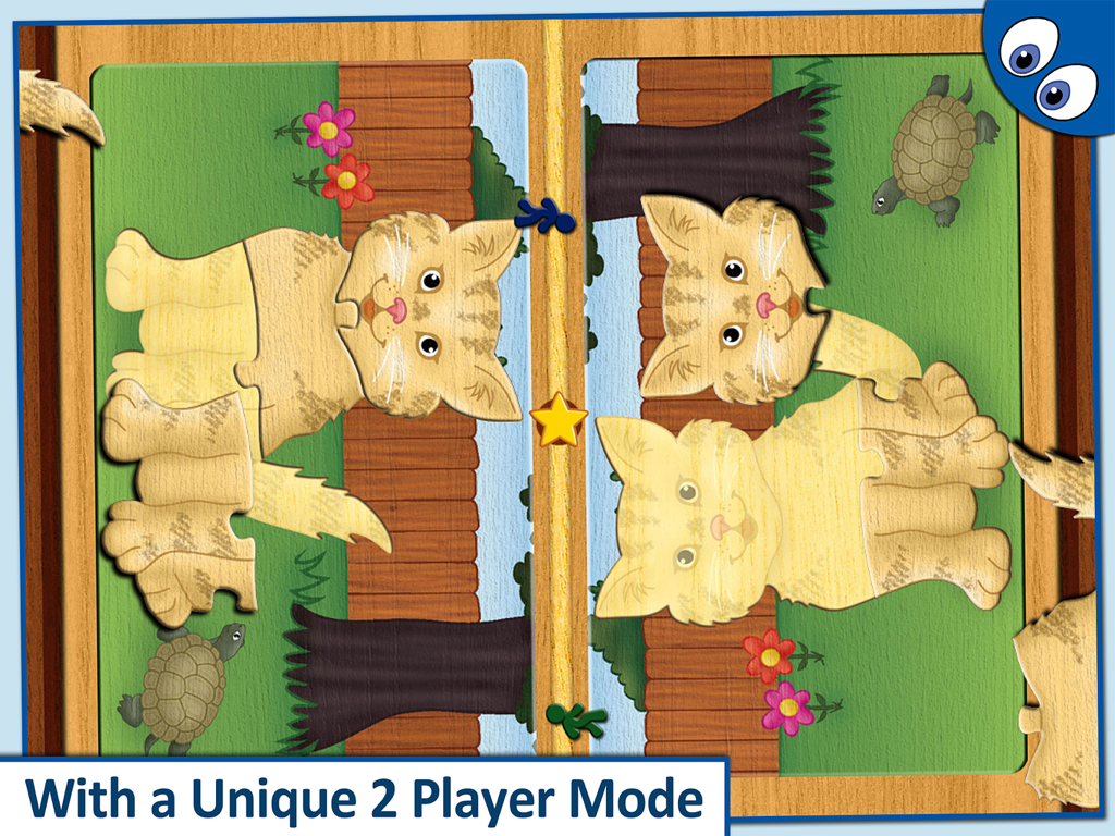 A split screen showing two players competing to complete cat puzzles in the Kids Jigsaw Puzzles Lite app