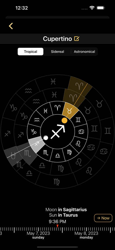 Roue du zodiaque de l'application Phases de la lune et calendrier lunaire montrant les positions du soleil et de la lune