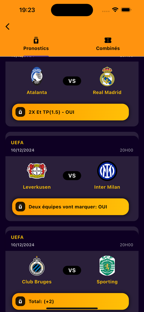 Chance 8 - Écran de l'application mobile Chance 8 affichant les prédictions de matchs de football et l'analyse des paris sportifs