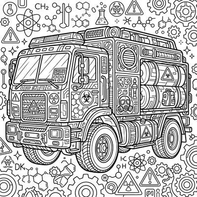 Dive into the fascinating world of specialized vehicles with this intricate Hazmat Vehicle coloring page, perfect for adults. Unleash your creativity by adding vibrant hues to its complex details and scientific surroundings.