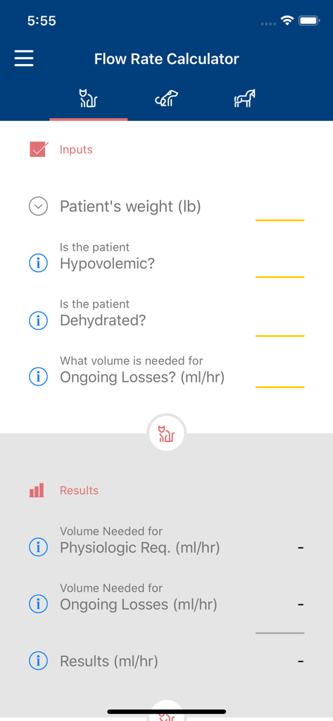 Vetivex - Vetivex mobile app screen showing the IV fluid flow rate calculator with input fields for veterinary patient parameters