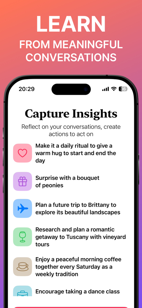 Screenshot of the Heart2Heart app showing a list of actionable relationship insights and romantic tasks for couples
