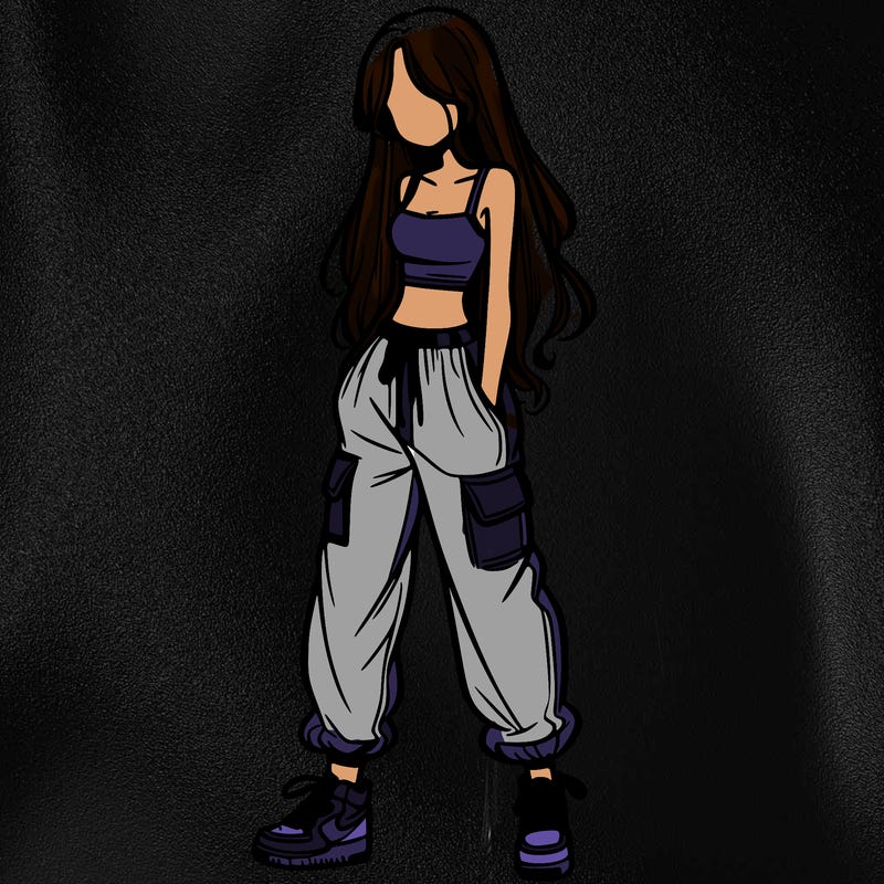 girl in baggy pants crop top and long hair