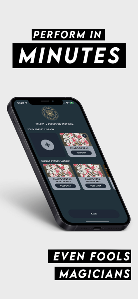 Cognito magic app interface showing the preset library with mentalism effects like Chaos Reveal and Chaos Peek.