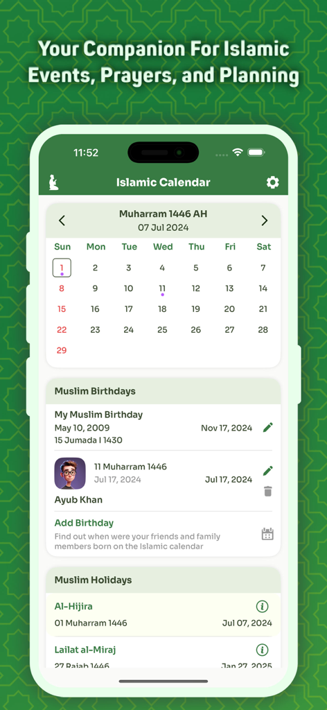 Hijri Calendar : Salah Tracker - Islamic Hijri calendar screen with sections for birthdays and holidays