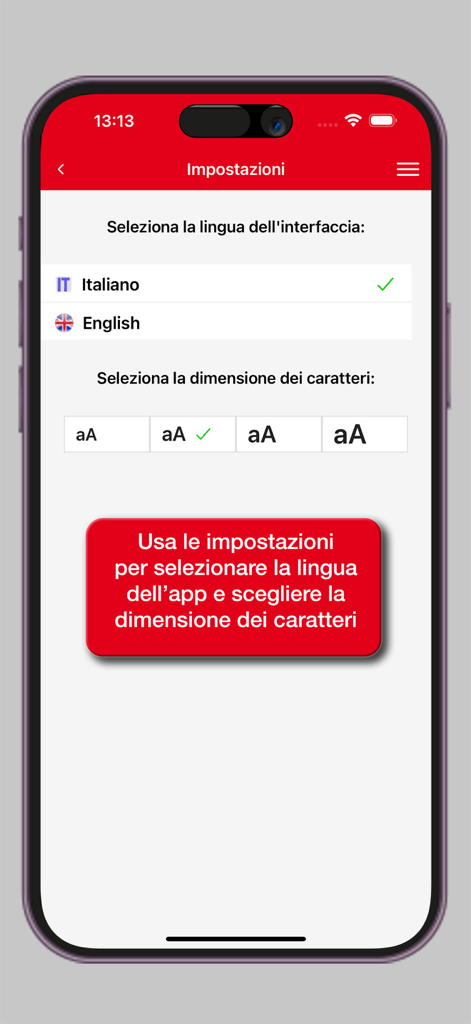 Einstellungsbildschirm der Hoepli Latin Dictionary App mit Optionen für Sprache und Schriftgröße.