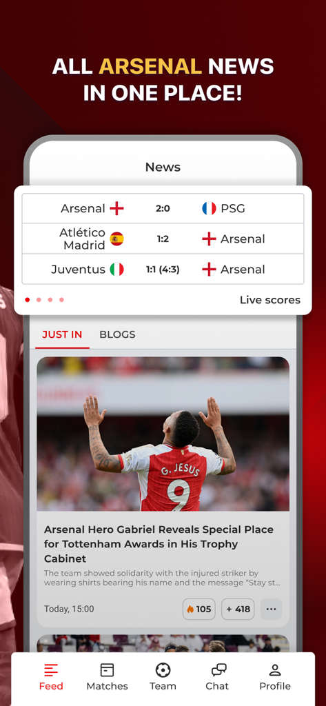 AFC Live – for Arsenal fans - AFC Live app interface showing Arsenal news feed and match scores