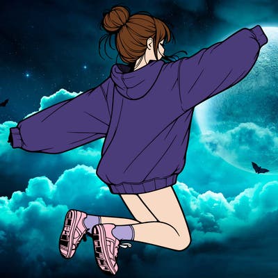 realistic girl jumping with a bun and oversized sweatshirt