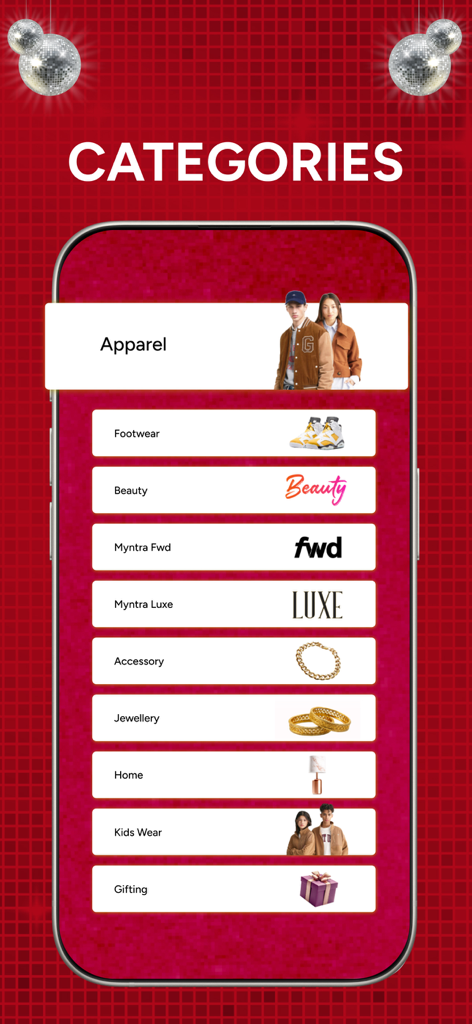 Myntra - Fashion Shopping App - Una lista de categorías de compras en la aplicación Myntra, incluyendo moda, belleza y joyería