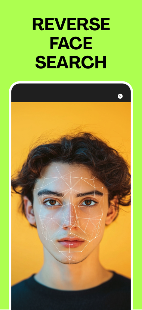 Pantalla de la aplicación Catfish Finder que muestra la búsqueda inversa de rostros con tecnología de reconocimiento facial