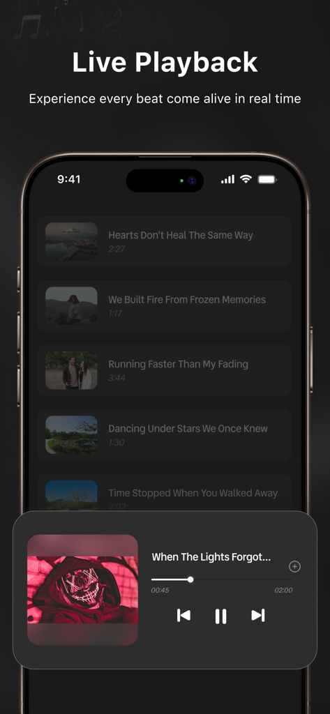 RYT Music Player live playback interface showing track list and music controls