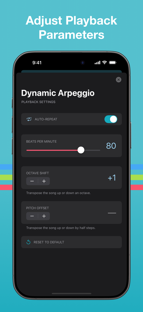 Perfect Pitch — Synesthesia - Pantalla de configuración de reproducción para entrenamiento auditivo musical que muestra los controles de ajuste de pulsaciones por minuto y octava.