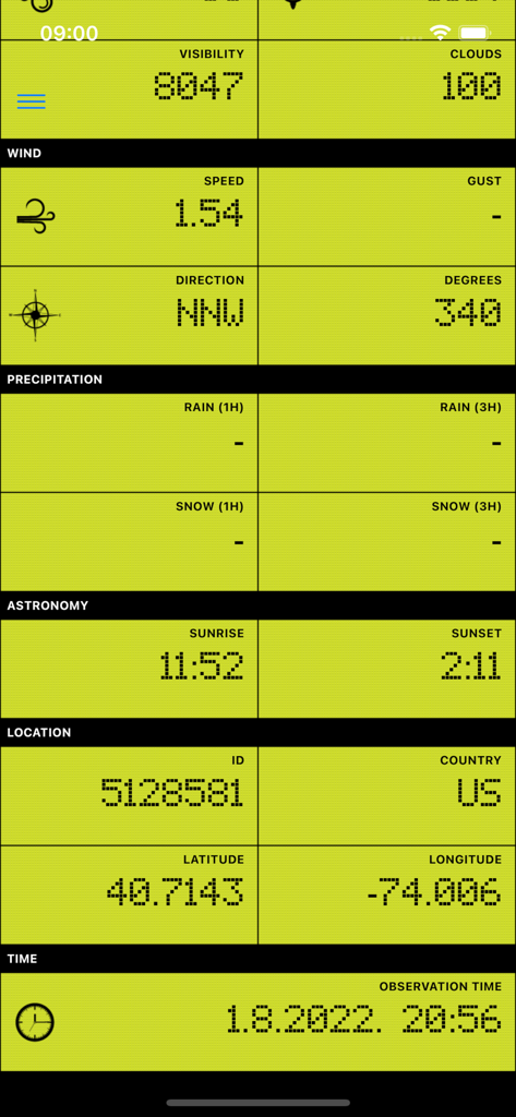 Dashboard meteorologica in tempo reale che mostra dati sul vento, sulla posizione e astronomici.