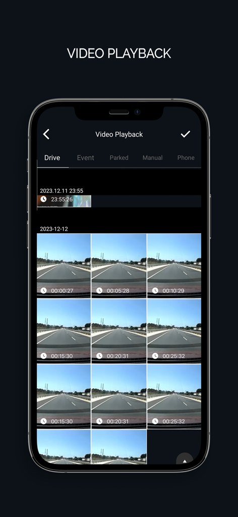 IROAD DASH CAM app video playback screen showing a grid of recorded driving clips