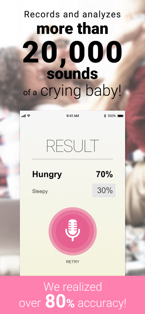 Cry Analyzer app interface showing a result indicating seventy percent hungry and thirty percent sleepy with a microphone icon