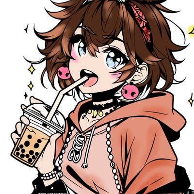 hot baddie anime girl drinking boba and biting the straw