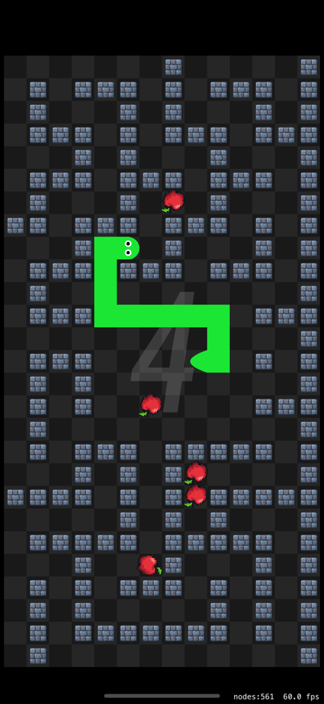 Pixel Snake: Retro Challenge - Gameplay of Pixel Snake Retro Challenge featuring a green snake navigating a pixelated stone maze with red apples